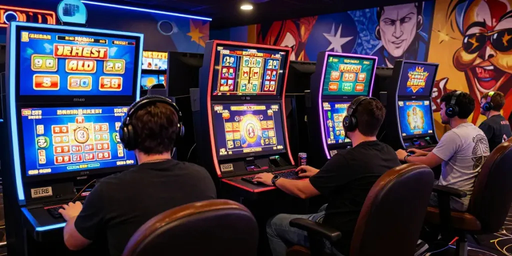 Exciting scene of players engaging with usa online casinos, showcasing vibrant slot games and high-energy atmosphere.