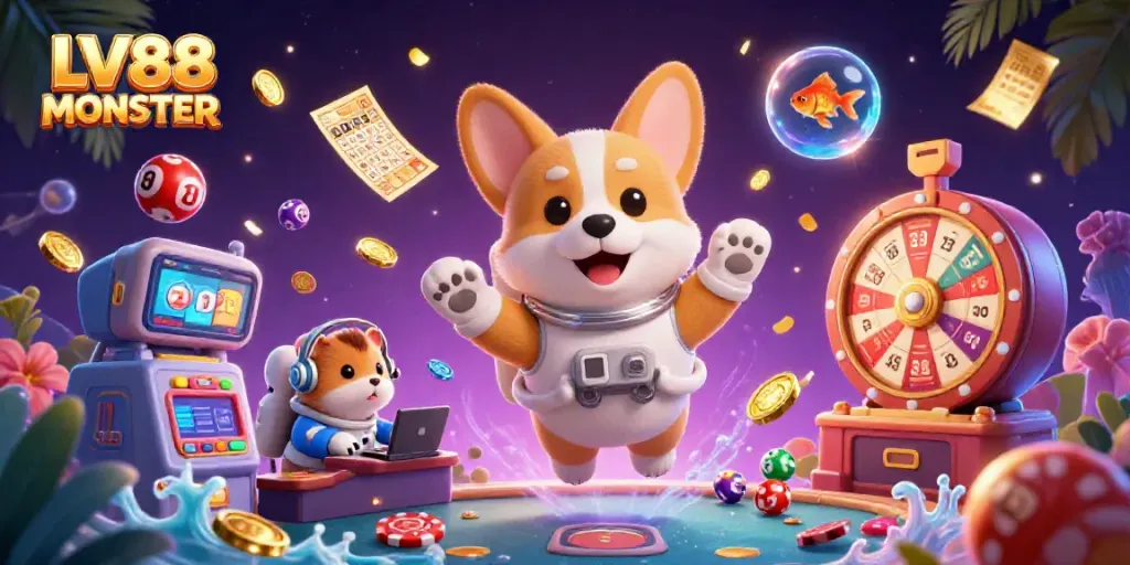 LV88 MONSTER space-themed casino scene with floating characters, dynamic game elements, capturing the excitement of gambling.