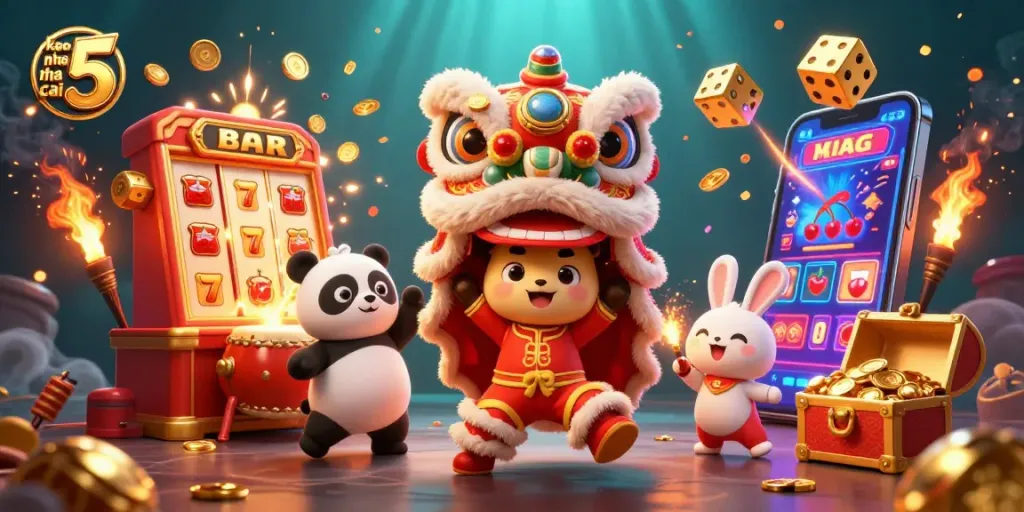 Experience the excitement of keo nha cai 5 with a vibrant lion dance, slot machine jackpot, and festive characters.
