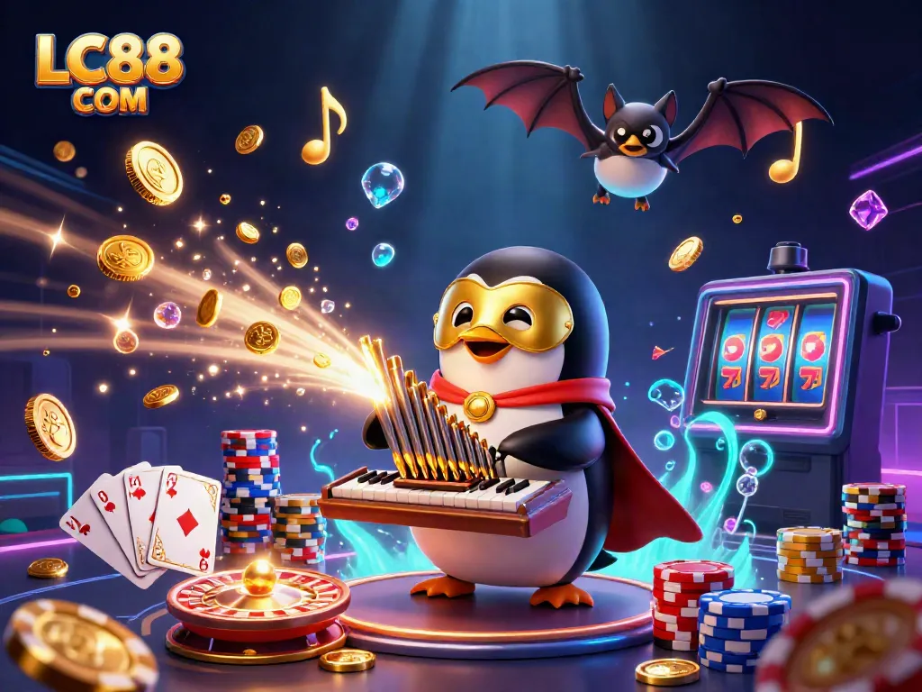 Spin and win with LC88 COM in a vibrant casino scene featuring a cartoon penguin playing music.