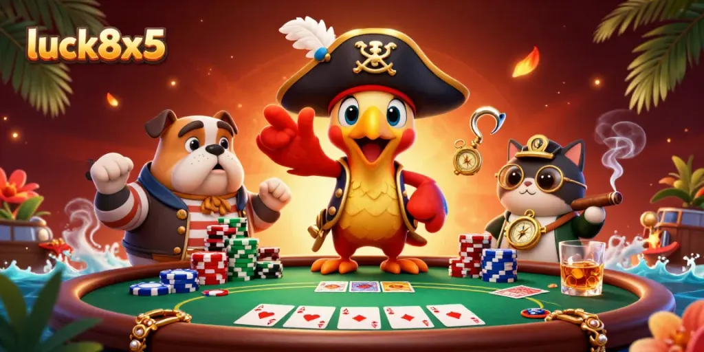 Engage in thrilling poker action with luck8x5's dynamic casino illustration featuring vibrant characters and rich details.