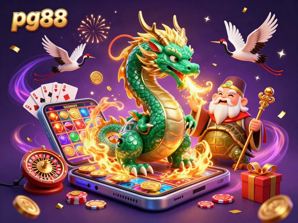 Experience PG88's thrilling gameplay with an immersive casino scene featuring epic characters and game elements.