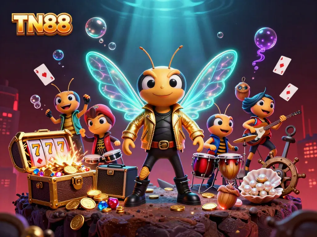 Experience TN88's thrill with a cicada rock star and vibrant casino elements in this rich illustration.