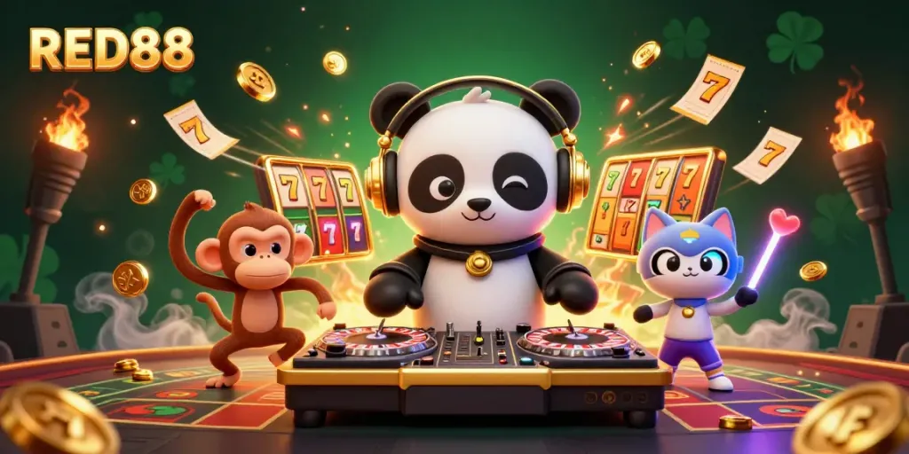 Engage with casino excitement at RED88, featuring DJ panda and animated characters amidst dynamic gaming symbols.