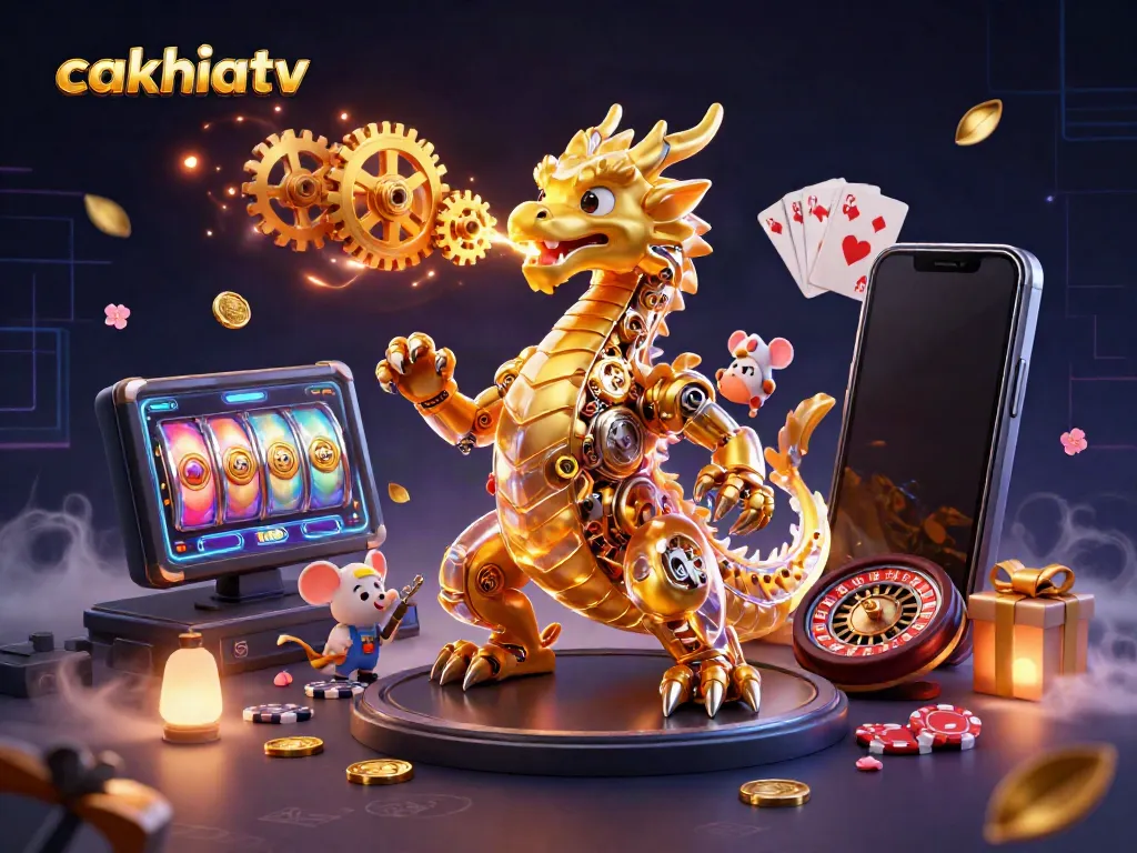 Experience thrilling gameplay on cakhiatv with a biomechanical dragon and vibrant casino elements.