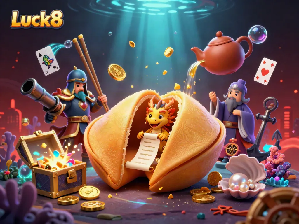 Experience the excitement of Luck8 with a vibrant 3D casino scene featuring a golden fortune cookie, dragons, and underwater treasures.