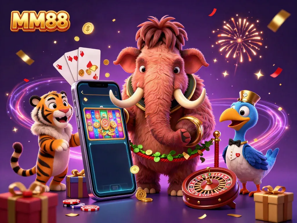 Experience the vibrant excitement of MM88 with a whimsical casino scene featuring a woolly mammoth bouncer and a saber-tooth tiger VIP.