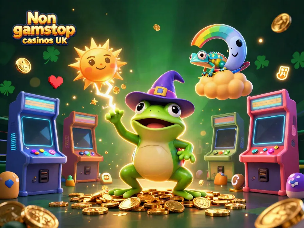 Experience the thrill at Non gamstop casinos UK with a magical scene featuring a wizard frog and chameleon.