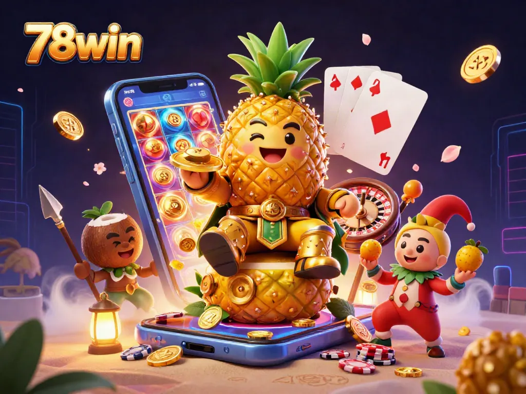 Engage with 78win by exploring a vibrant, dynamic 3D casino scene featuring slots and exciting game elements.