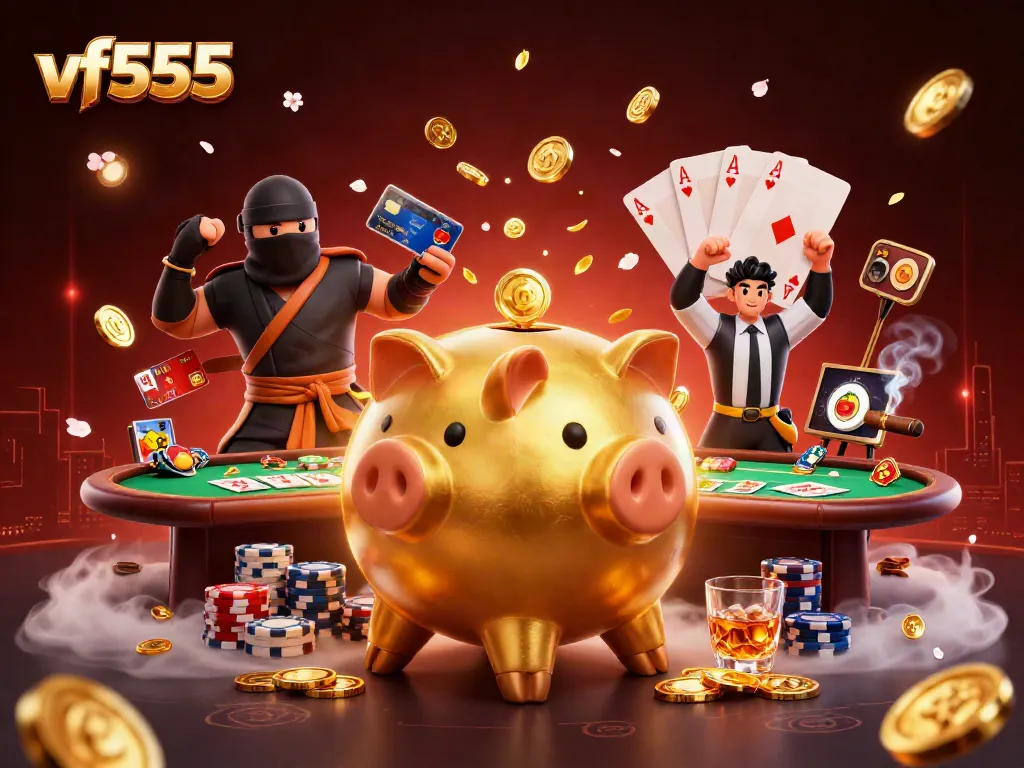 Experience thrilling action at vf555 with a colossal golden piggy bank and unique gambling elements in this vibrant scene.