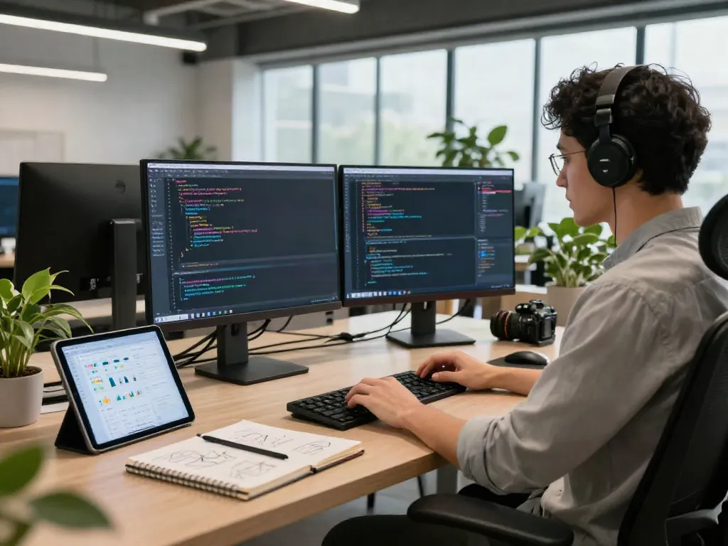 Programmer coding at modern workspace showcasing productivity and innovation, emphasizing this site.