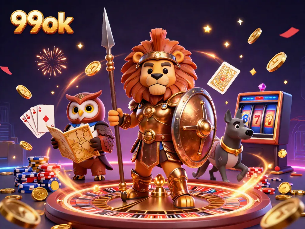 Experience thrilling action with 99ok, featuring a lion in armor and vibrant casino elements.