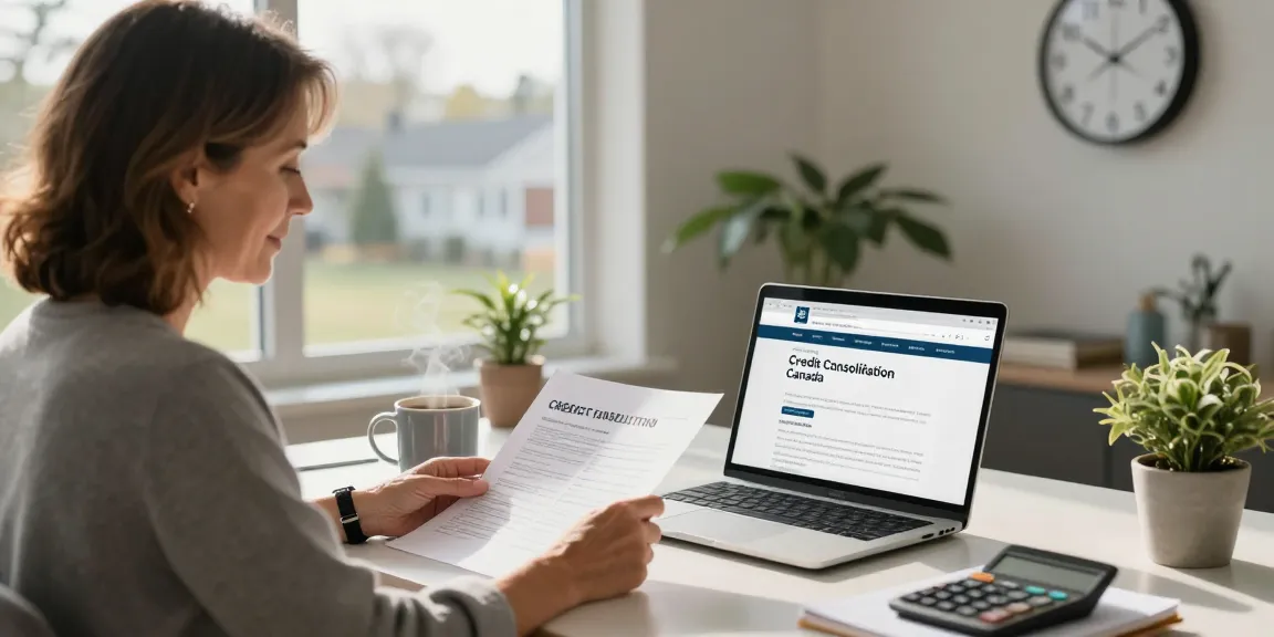 A woman reviewing Credit Consolidation Canada documents in a cozy home office for financial clarity.