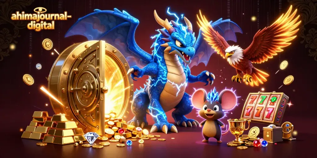 Engage with the thrilling ahimajournal-digital experience, featuring vivid gambling icons and dynamic characters.
