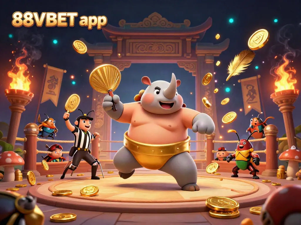 Experience thrilling action at the 88VBET app with a sumo beetle champion and cricket referee in an exciting casino atmosphere.