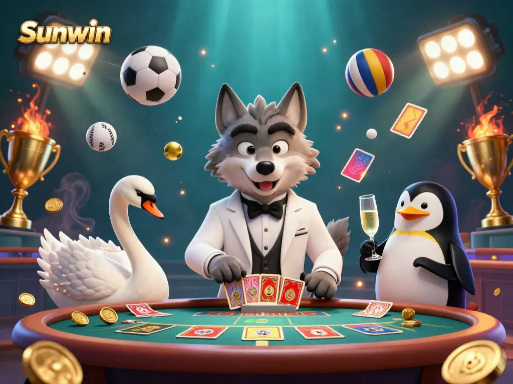Experience the excitement of Sunwin with a vibrant scene showcasing gambling characters and game elements.