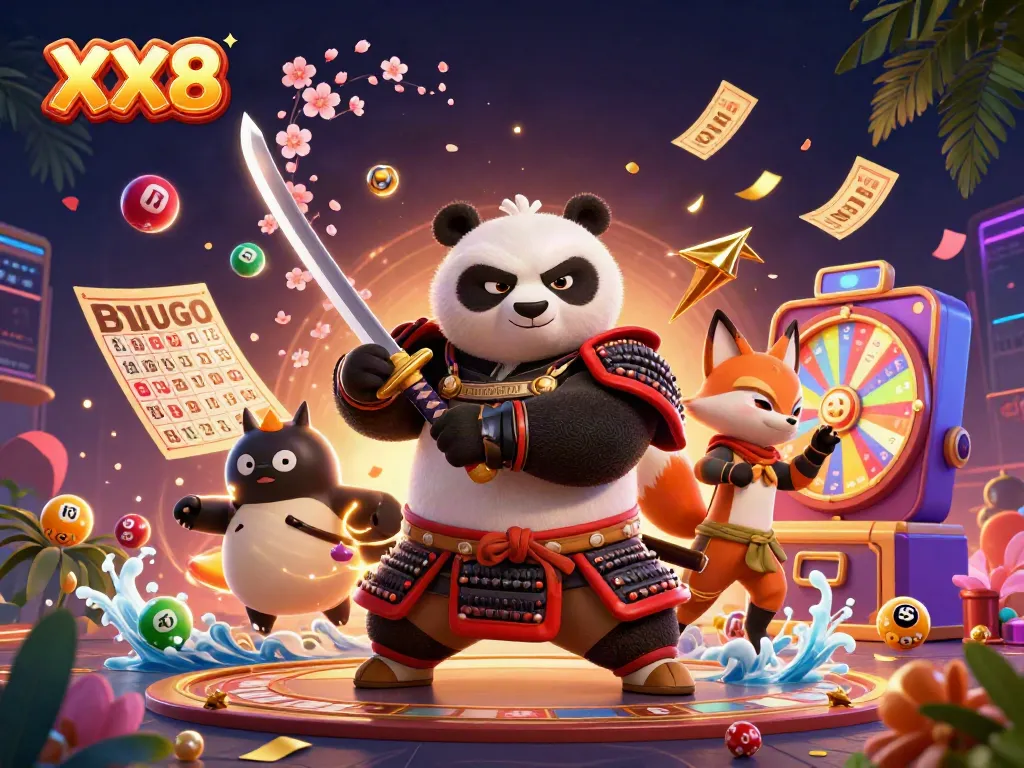 Engage with XX8 through a lively 3D illustration showcasing a dynamic casino scene filled with vibrant energy and characters.