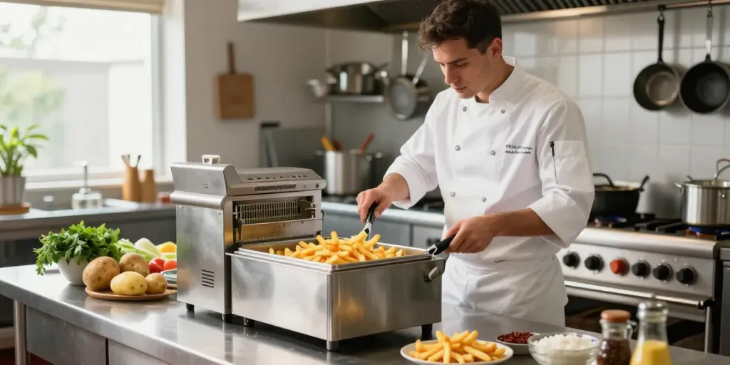 Catering Fryers in action as a chef fries crispy French fries, showcasing quality kitchen equipment and fresh ingredients.