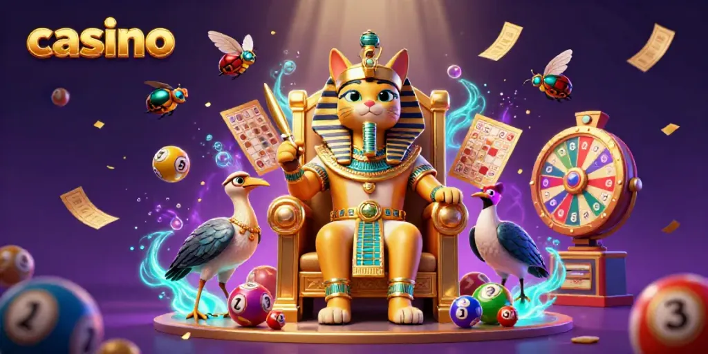 Engage in thrilling casino activities with a cartoon Egyptian pharaoh cat and vibrant lottery elements.