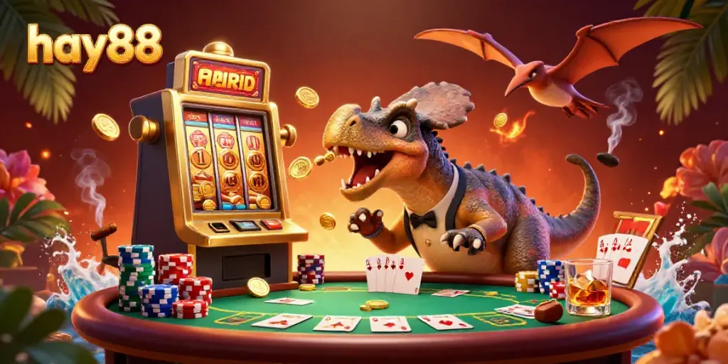 Experience the excitement of hay88 with a dinosaur celebrating a slot win in a vibrant casino scene.
