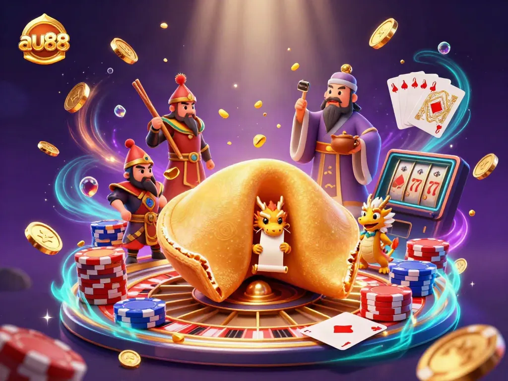 Experience the excitement with au88's enchanting casino illustration showcasing a vibrant 3D scene full of games and riches.