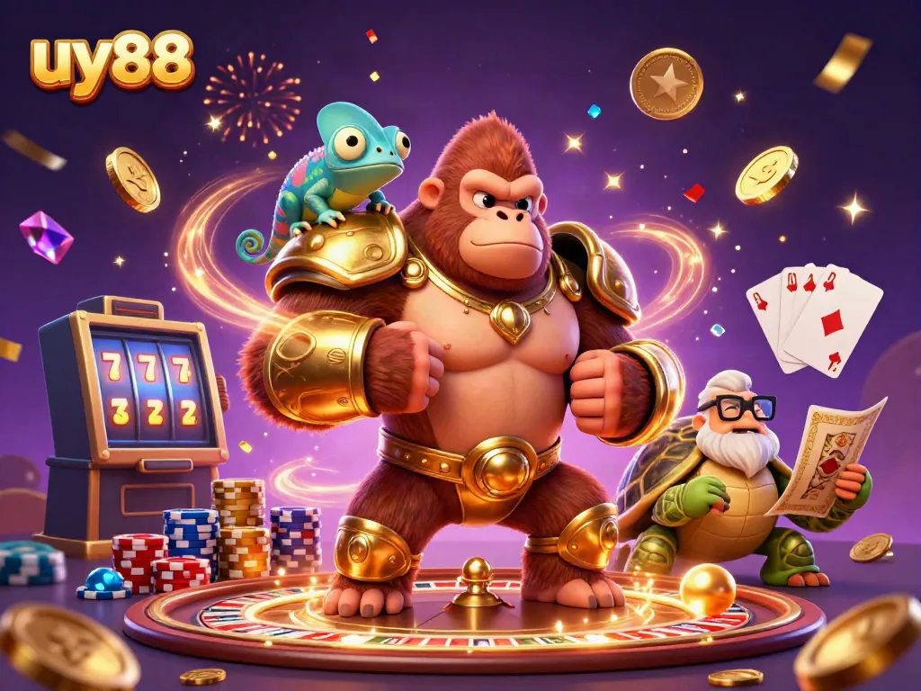 Experience uy88's thrilling world with a powerful gorilla king, colorful gems, and exciting casino elements.