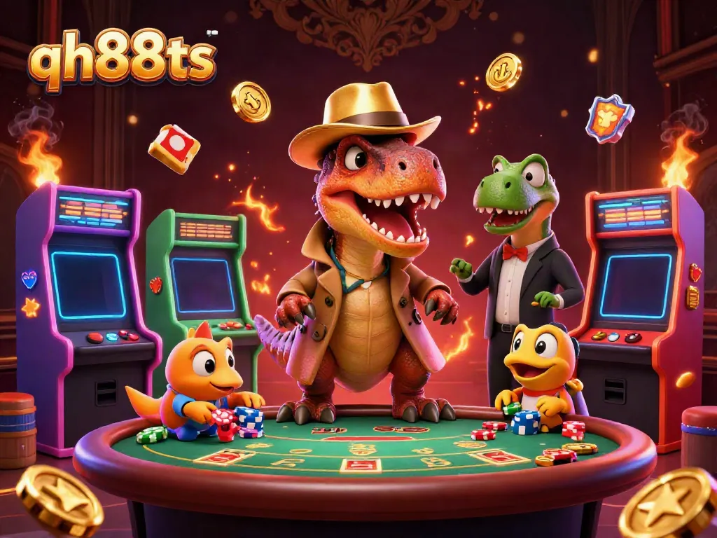 Engage with qh88ts at a vibrant casino scene featuring a velociraptor card counter and stegosaurus pit boss.