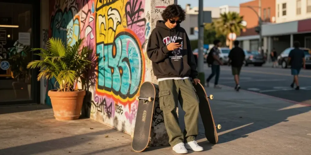Street fashion moment featuring rokok88 styled individual in an urban setting.