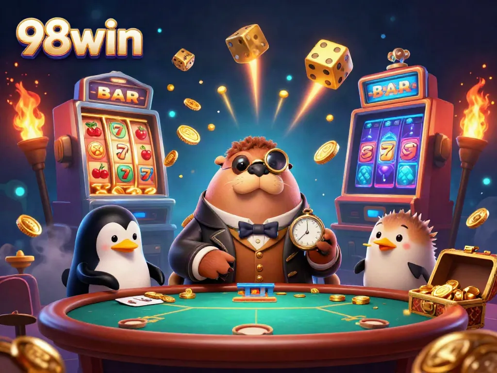 Experience thrilling gameplay at 98win with our lively underwater poker scene featuring unique characters.