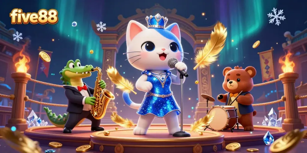 Experience the vibrant energy of five88's online casino with lively characters and rich gaming elements.
