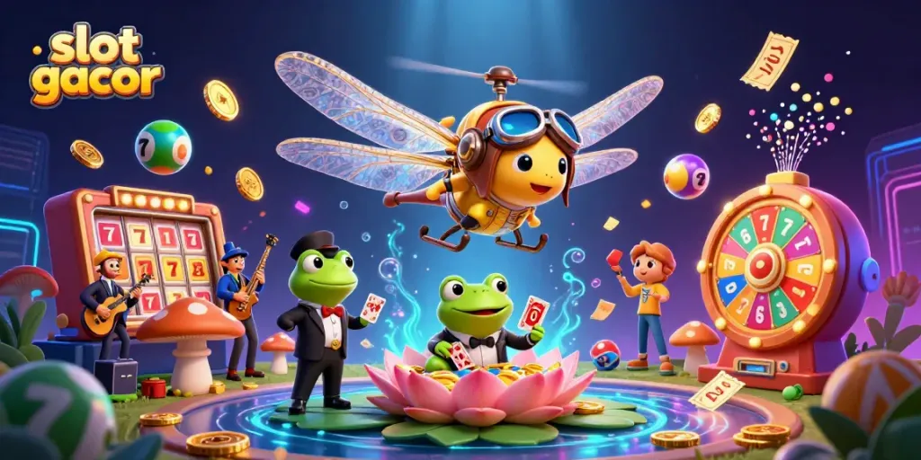 Experience slot gacor action with a dynamic scene of a dragonfly pilot, frog croupier, and jazzy crickets in an engaging casino setting.