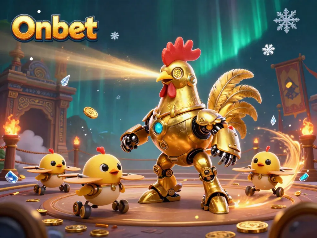 Engage with Onbet's thrilling online casino atmosphere featuring a vibrant 3D golden rooster robot.