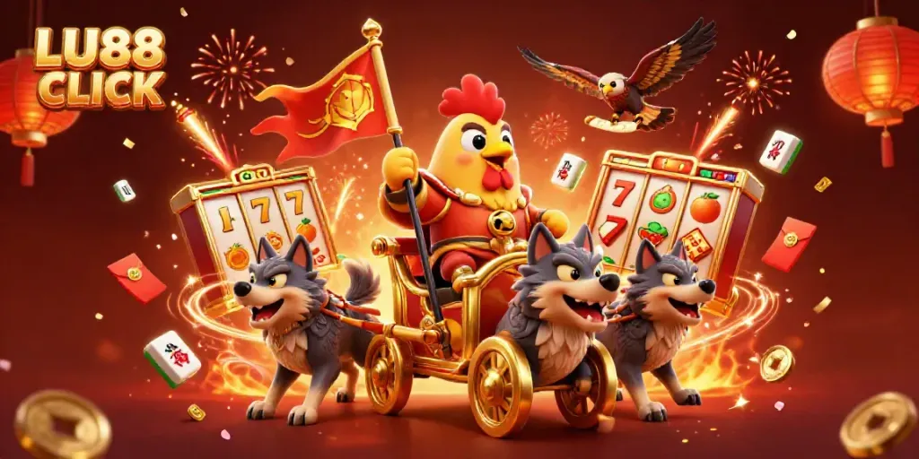 Experience thrilling gameplay with LU88 CLICK while witnessing the 3D rooster warlord ride to victory.
