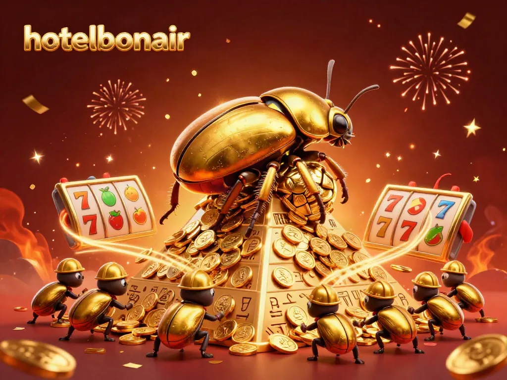 Experience the vibrant energy of hotelbonair's casino theme with golden beetles and slot reels.