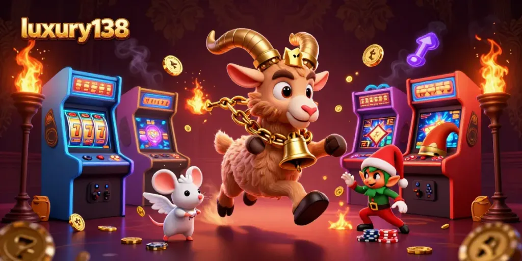 Experience the thrilling atmosphere at luxury138's casino with festive characters and vibrant gaming elements.