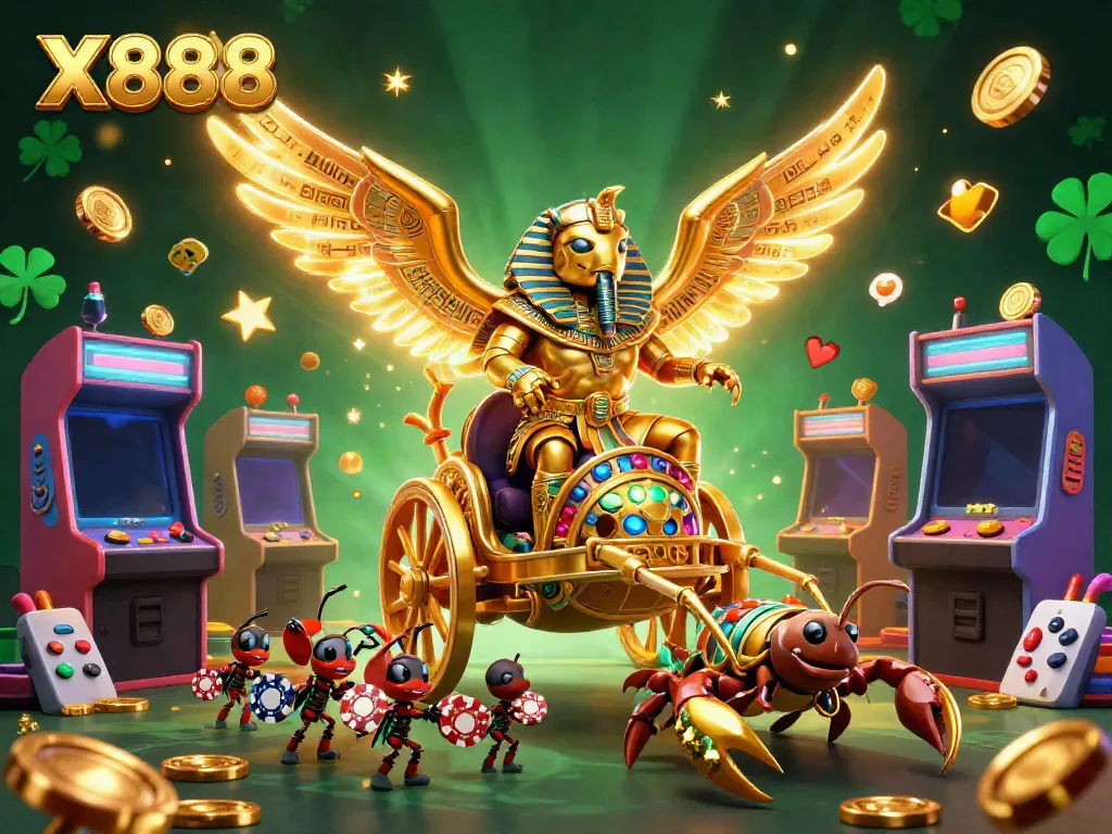 X888 illustrates a golden scarab beetle emoji riding a chariot amid casino games and glowing coins.