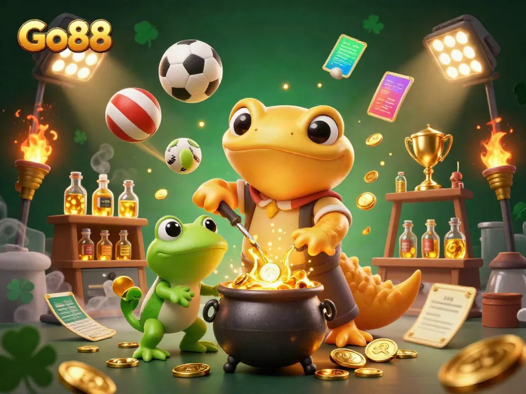 Experience the excitement at Go88 with a magical alchemist scene filled with dynamic elements and gold coins.