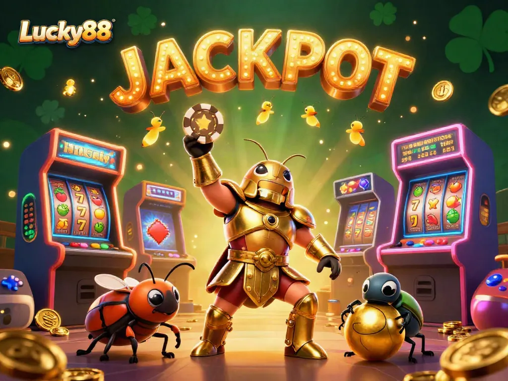 Experience the thrill of Lucky88 with a victorious beetle champion and glowing casino elements.