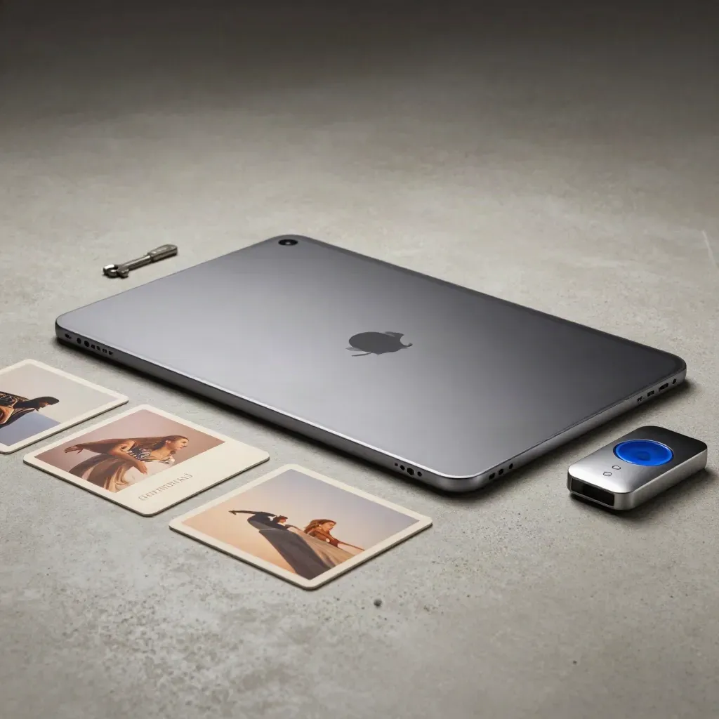 Unbranded tablet, folded campaign cards, and analytics beacon on pale concrete in dramatic studio light.