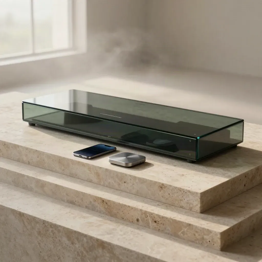 Adonix dark-glass ad control hub with tablet, phone, puck and data tile on stone at dawn.