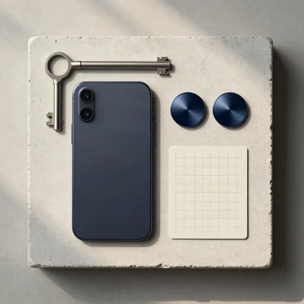 Overhead flatlay of a lead-ads pack, phone, two navy tokens and a neutral card on pale concrete.