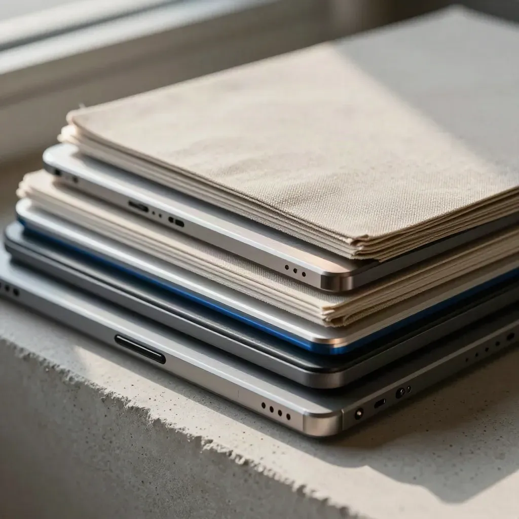 Macro of stacked devices, brushed metal tile and folded swatch on concrete with raking light.