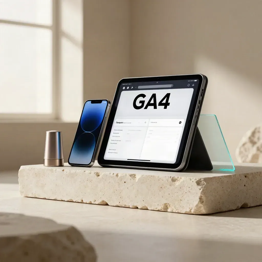 Low-angle product hero of a GA4 dashboard tablet, phone, beacon and stone block on pale stone.