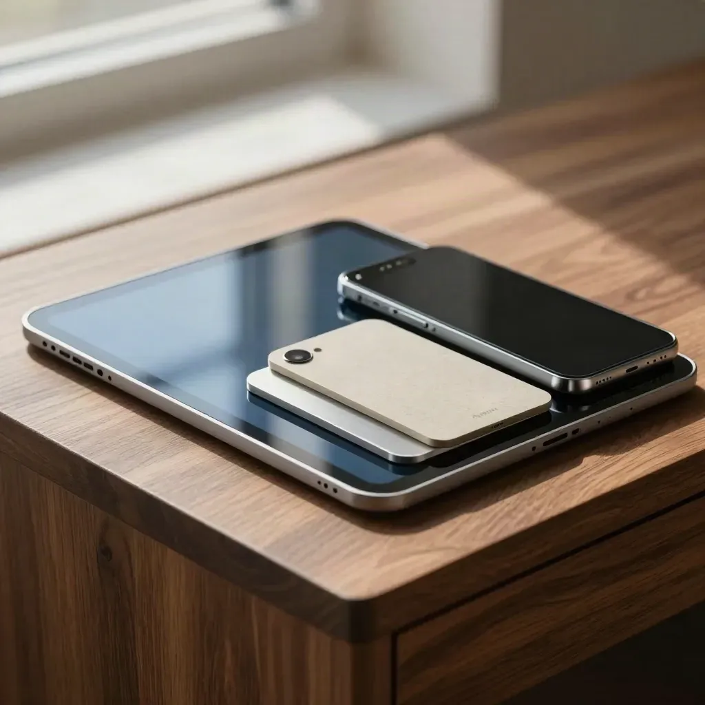 Tablet, phone, metal clip and stone card on walnut surface with warm light.
