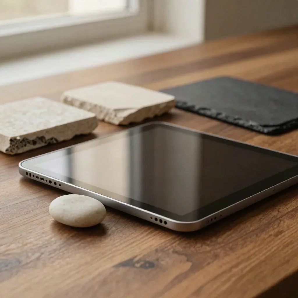 Tablet, tracker and stone samples on warm wood in raking light.