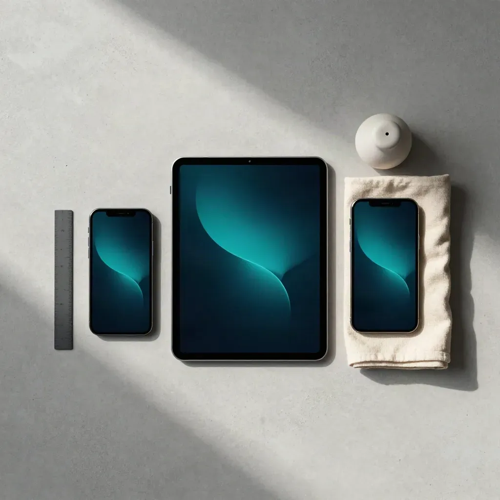 Overhead flatlay of a tablet, phone, ceramic weight and rolled cloth on pale concrete.