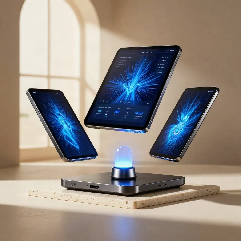Ad-tech dashboard tablet with two screens and a glowing signal marker on travertine.