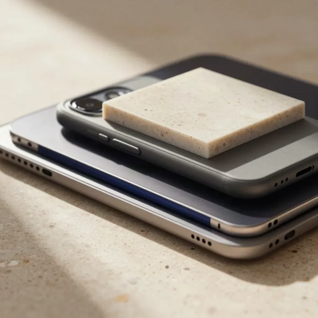Macro stack of a tablet, phone and stone tile on travertine with warm directional light.