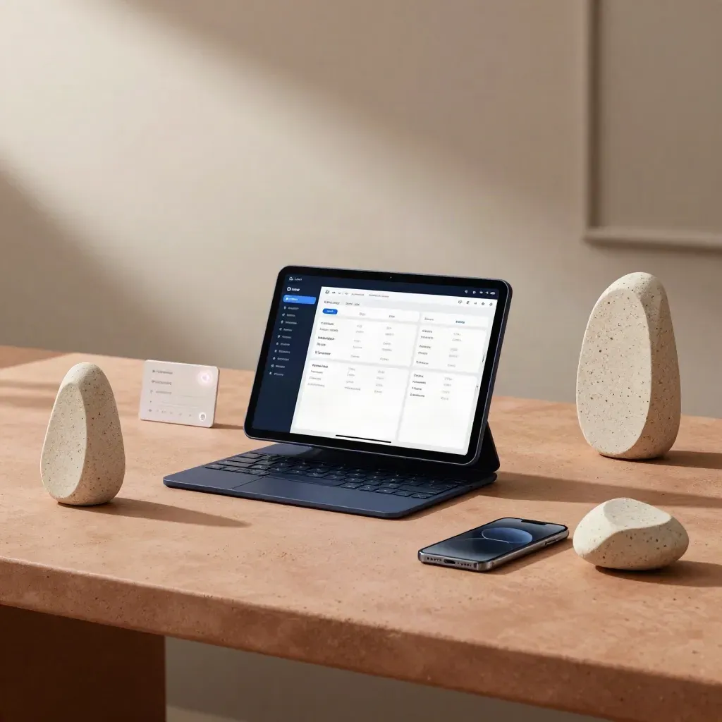 Analytics dashboard device, phone and stone markers on warm plaster with soft daylight.