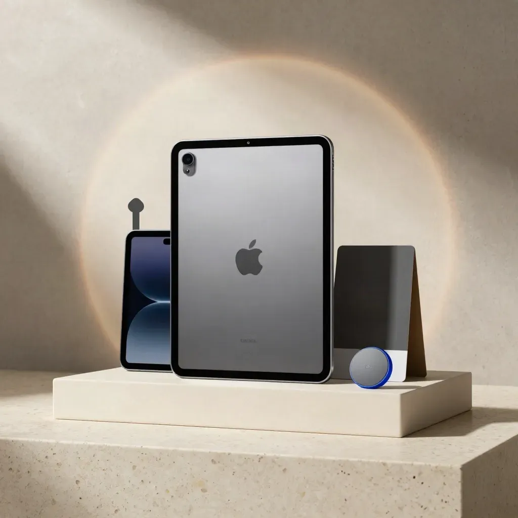 Low-angle hero of an ad-tech tablet kit with screens, puck and card on travertine.